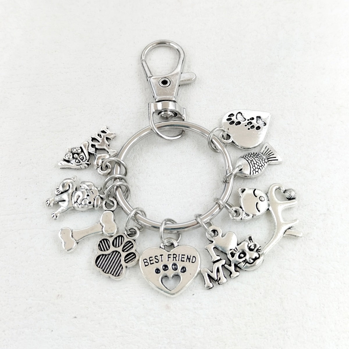 KFX-8026045 Dog Paw and Fish Footprints Metal Key Ring for Pet Lovers