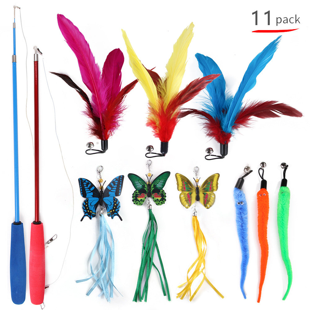 KFX-8028221 Butterfly Style 11-Piece Fishing Rod Cat Teaser Toy Set for Pets