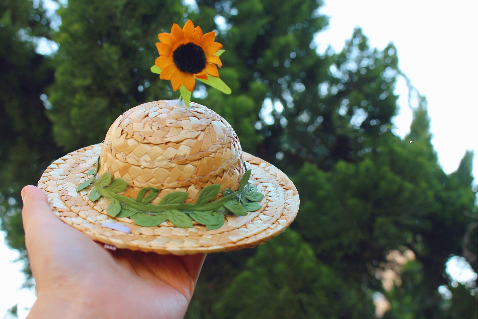 KFX-8030781 Flower Embroidery Dress for Cats with Hand-Woven Straw Hats