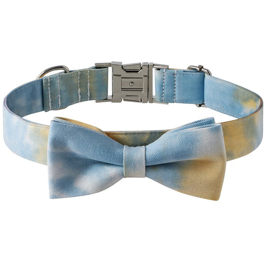 KFX-8031165 Cotton Tie-Dye Dog Collar with Alloy Buckle and Bow - Available in Blue, Purple, Orange, Gray