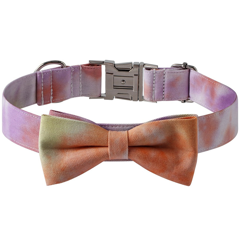 KFX-8031165 Cotton Tie-Dye Dog Collar with Alloy Buckle and Bow - Available in Blue, Purple, Orange, Gray