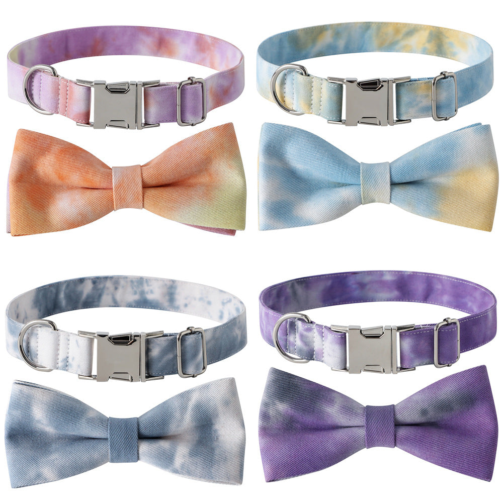 KFX-8031165 Cotton Tie-Dye Dog Collar with Alloy Buckle and Bow - Available in Blue, Purple, Orange, Gray