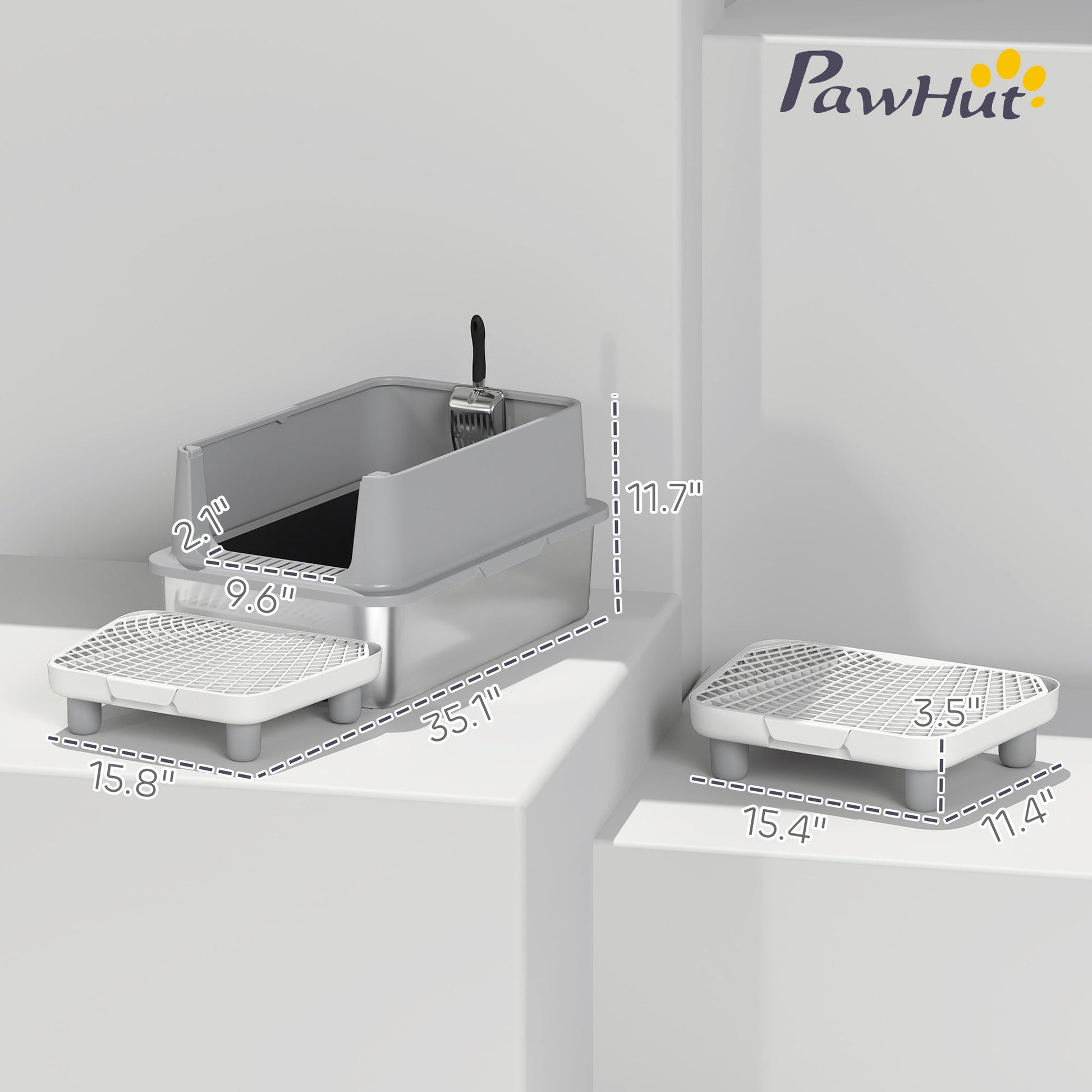 KFX-8040381 Extra Large Stainless Steel Cat Litter Box with Scoop and Pad, Anti-Leakage Design for Easy Cleaning