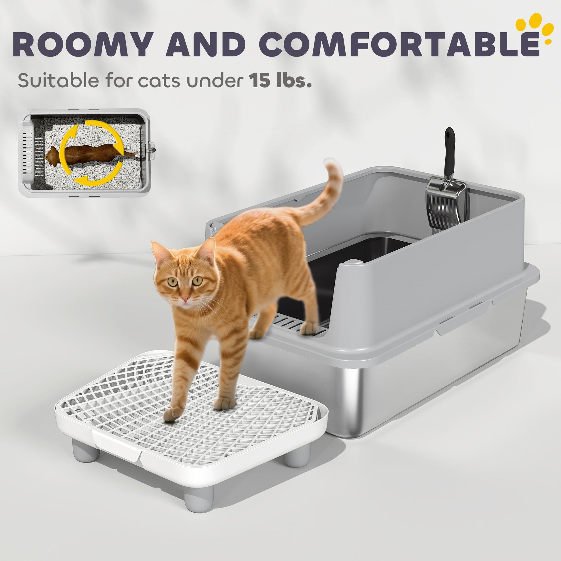 KFX-8040381 Extra Large Stainless Steel Cat Litter Box with Scoop and Pad, Anti-Leakage Design for Easy Cleaning