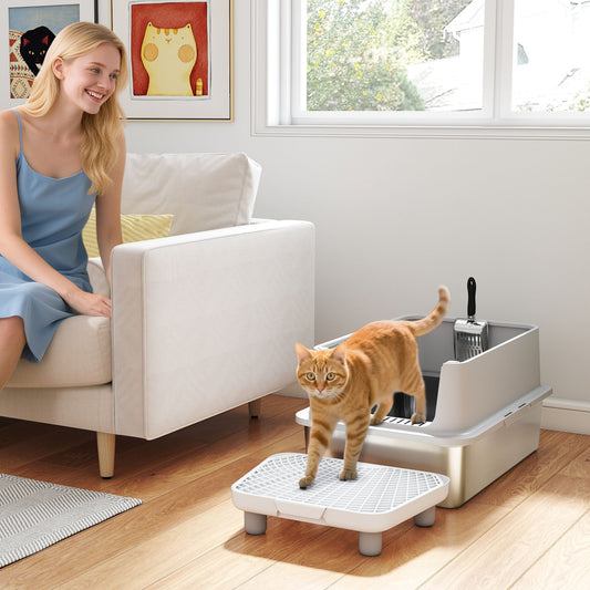 KFX-8040381 Extra Large Stainless Steel Cat Litter Box with Scoop and Pad, Anti-Leakage Design for Easy Cleaning