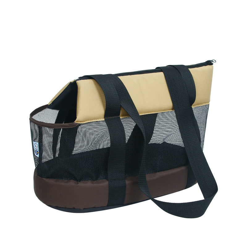 KFX-8052669 Foldable Mesh Outdoor Pet Bag for Dogs and Cats - Soft Oxford Shoulder Handbag in Black/Brown, Sizes S/L/XL