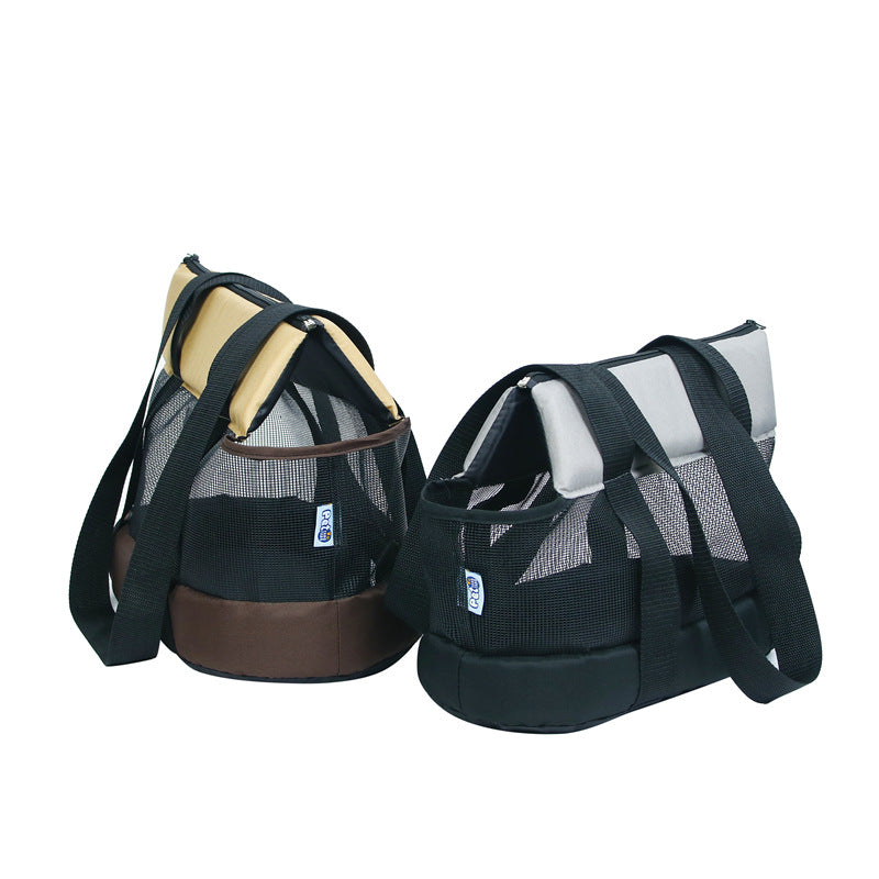 KFX-8052669 Foldable Mesh Outdoor Pet Bag for Dogs and Cats - Soft Oxford Shoulder Handbag in Black/Brown, Sizes S/L/XL