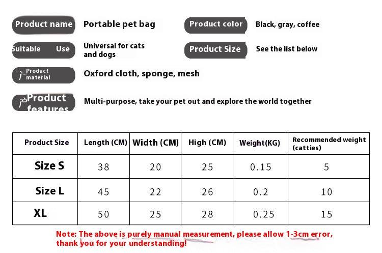 KFX-8052669 Foldable Mesh Outdoor Pet Bag for Dogs and Cats - Soft Oxford Shoulder Handbag in Black/Brown, Sizes S/L/XL