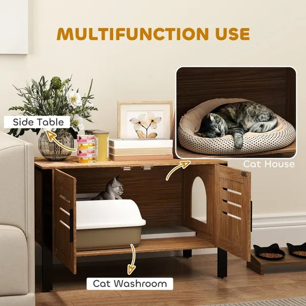 KFX-8054077 Dark Brown Cat Litter Box Enclosure with Scratching Board and Elevated Legs