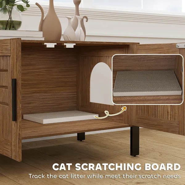 KFX-8054077 Dark Brown Cat Litter Box Enclosure with Scratching Board and Elevated Legs