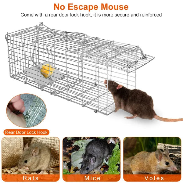 KFX-8059837 Humane Foldable Live Rodent Trap Cage with Galvanized Iron Construction and Detachable L Shaped Rod