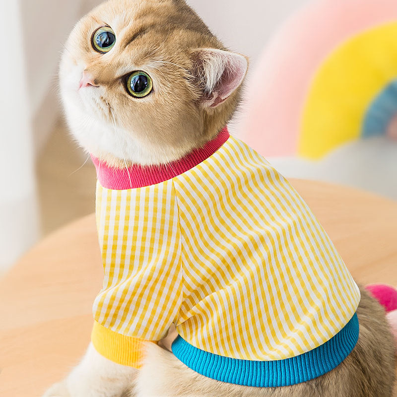 KFX-8062525 Plaid Cotton T-Shirt for Cats - Casual Yellow Design, Sizes XS to XXL