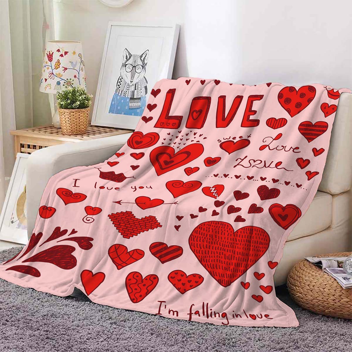KFX-8062781 Heart Print Polyester Fiber Blanket - Warm and Cozy for All Seasons (Multiple Sizes Available)