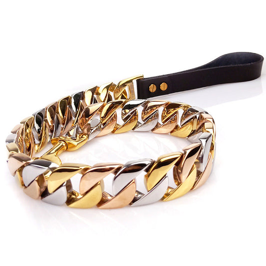 KFX-8065725 Stainless Steel Dog Leash with Gold and Rose Gold Buckles - Available in 60CM, 90CM, and 120CM Lengths