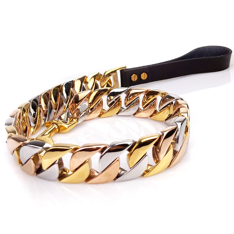 KFX-8065725 Stainless Steel Dog Leash with Gold and Rose Gold Buckles - Available in 60CM, 90CM, and 120CM Lengths