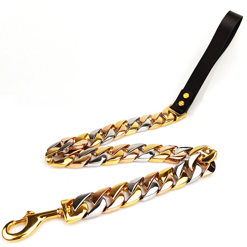 KFX-8065725 Stainless Steel Dog Leash with Gold and Rose Gold Buckles - Available in 60CM, 90CM, and 120CM Lengths