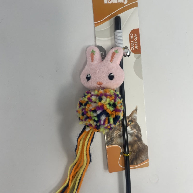 KFX-8066749 Cartoon Cat Teaser Stick with Wool Pom Poms for Interactive Play
