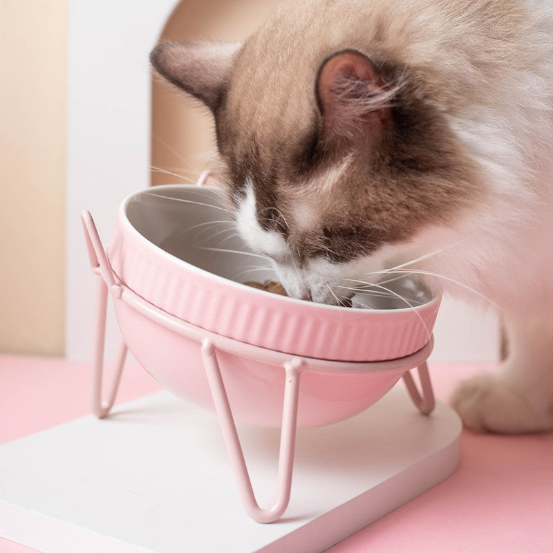 KFX-8073661 Ceramic Pet Bowl with High Foot for Neck Protection - Multiple Colors and Designs Available
