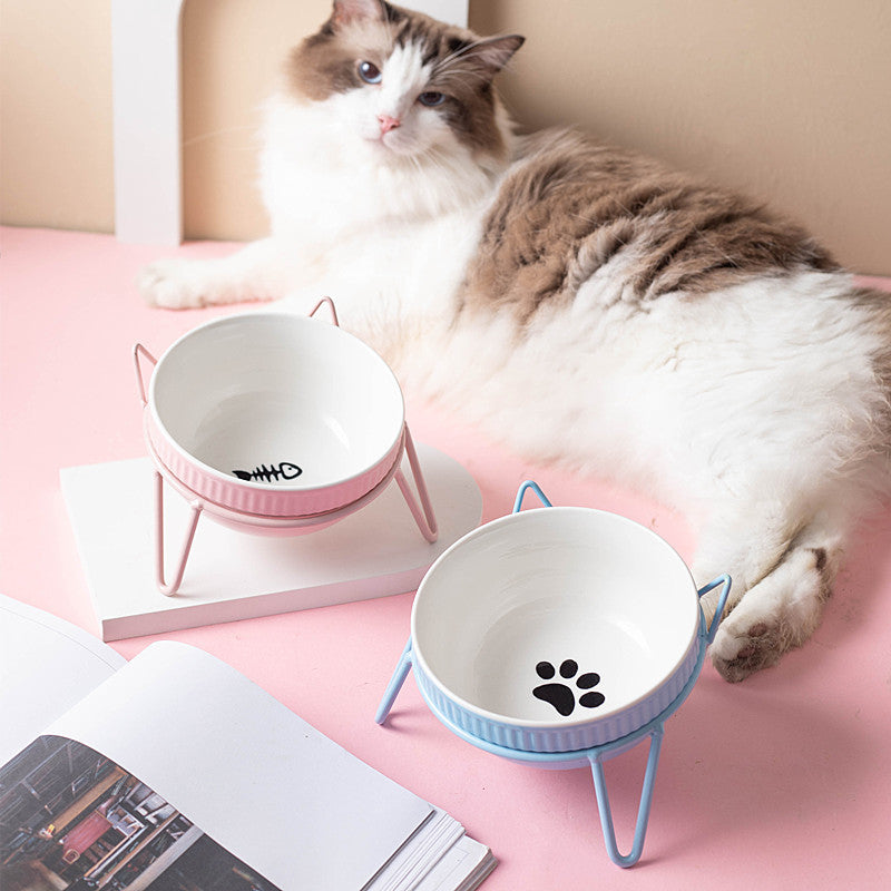 KFX-8073661 Ceramic Pet Bowl with High Foot for Neck Protection - Multiple Colors and Designs Available
