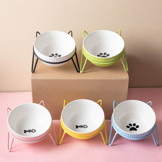 KFX-8073661 Ceramic Pet Bowl with High Foot for Neck Protection - Multiple Colors and Designs Available