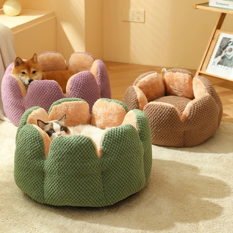 KFX-8080701 Cactus Petal Shape Soft Plush Pet Bed for Cats and Small Dogs, Warm Sleeping Nest with Non-Slip Base, Machine Washable