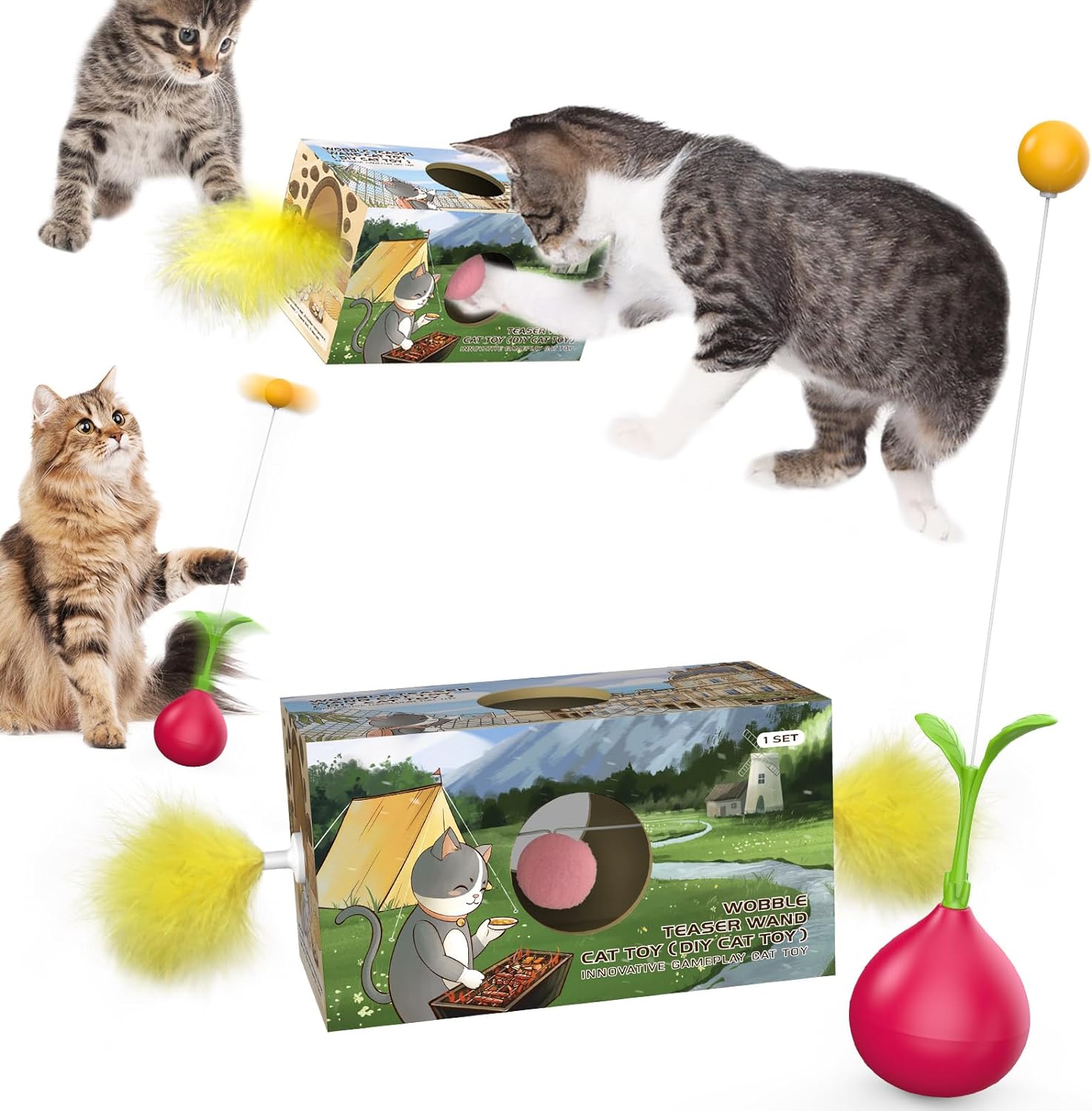 KFX-8081597 Interactive 2-in-1 Cat Toy with Rocking Feather and DIY Digging Hole for Indoor Cats