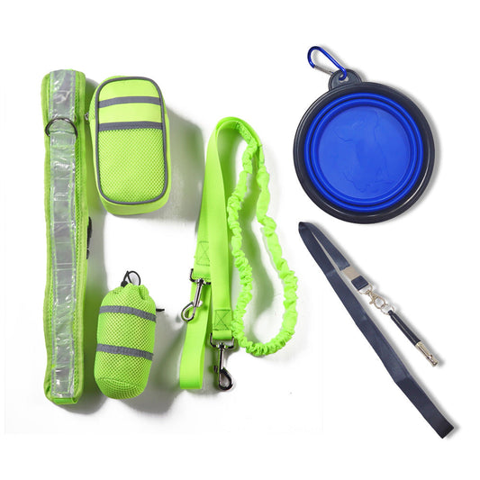 KFX-8083005 Fluorescent Green, Red, Gray & Black Running Traction Belt Training Bag with Dog Bowl & Whistle