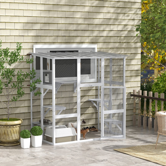 KFX-8087229 Outdoor Cat Enclosure with Bridge Platforms, White Wooden Cat House and Cat Box