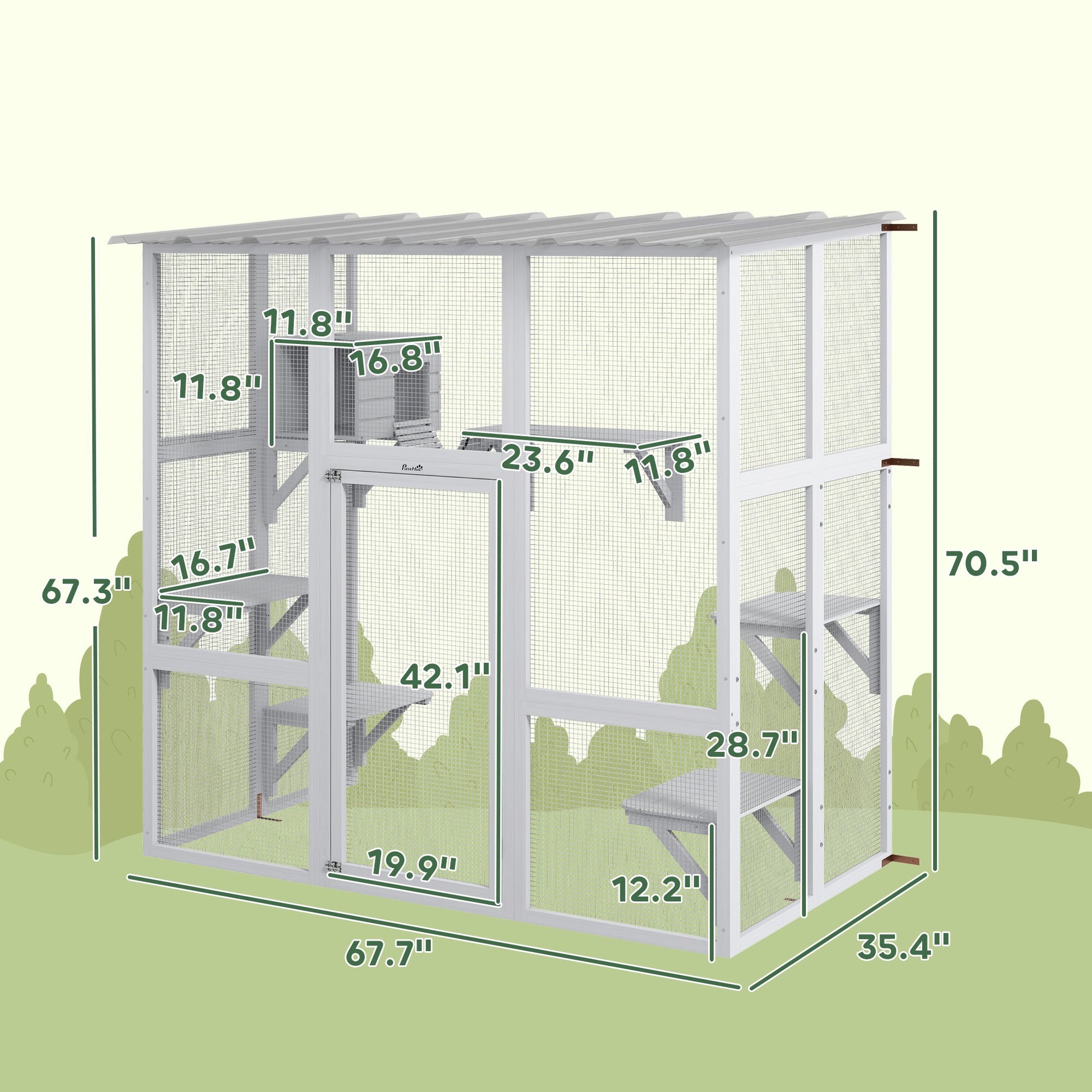 KFX-8087229 Outdoor Cat Enclosure with Bridge Platforms, White Wooden Cat House and Cat Box