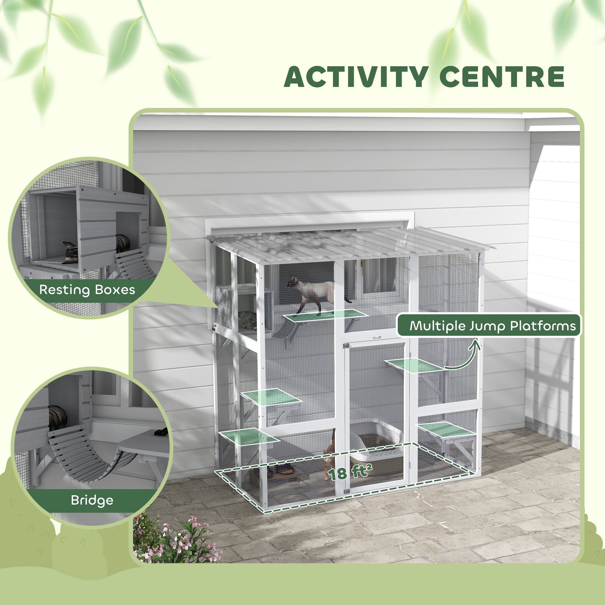 KFX-8087229 Outdoor Cat Enclosure with Bridge Platforms, White Wooden Cat House and Cat Box