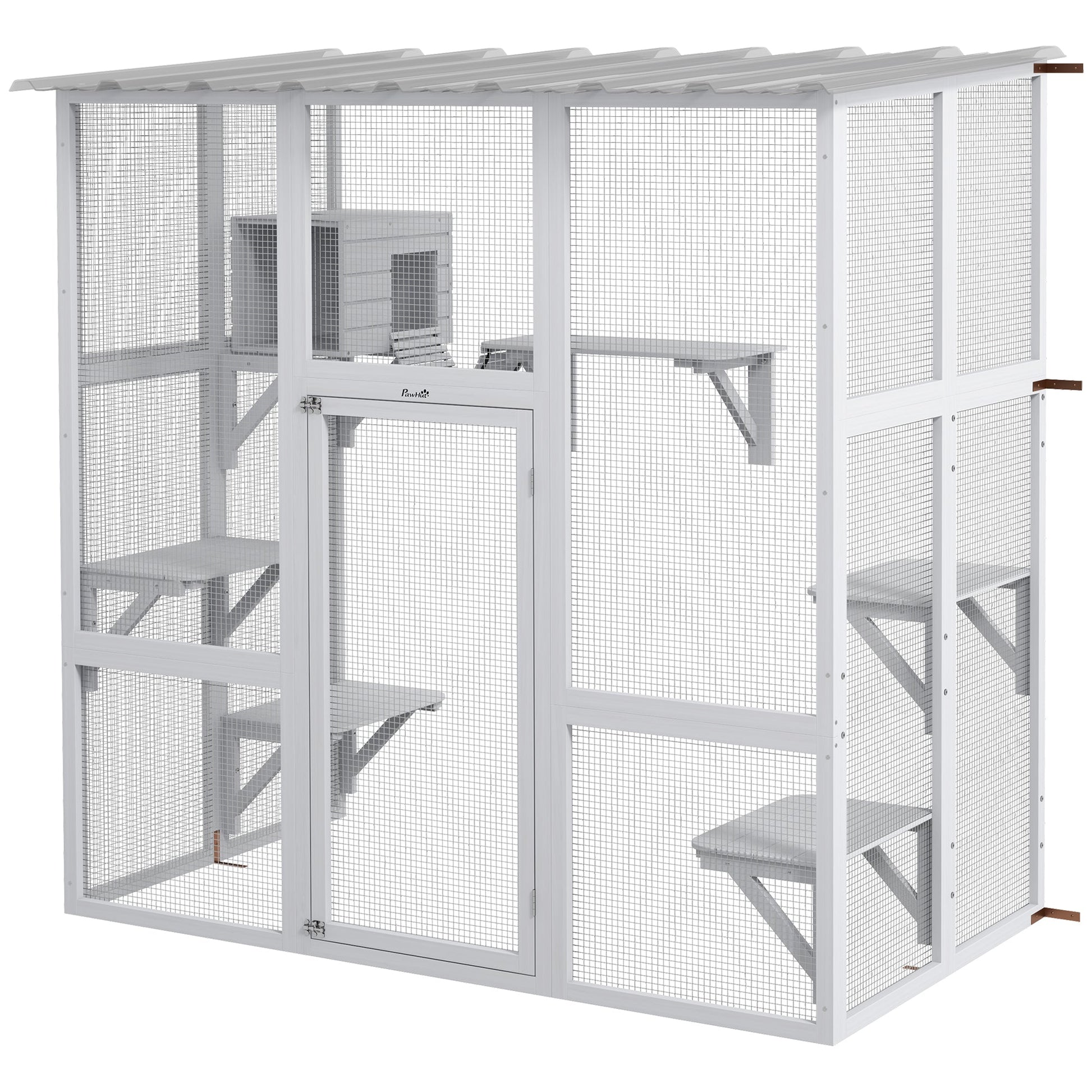 KFX-8087229 Outdoor Cat Enclosure with Bridge Platforms, White Wooden Cat House and Cat Box