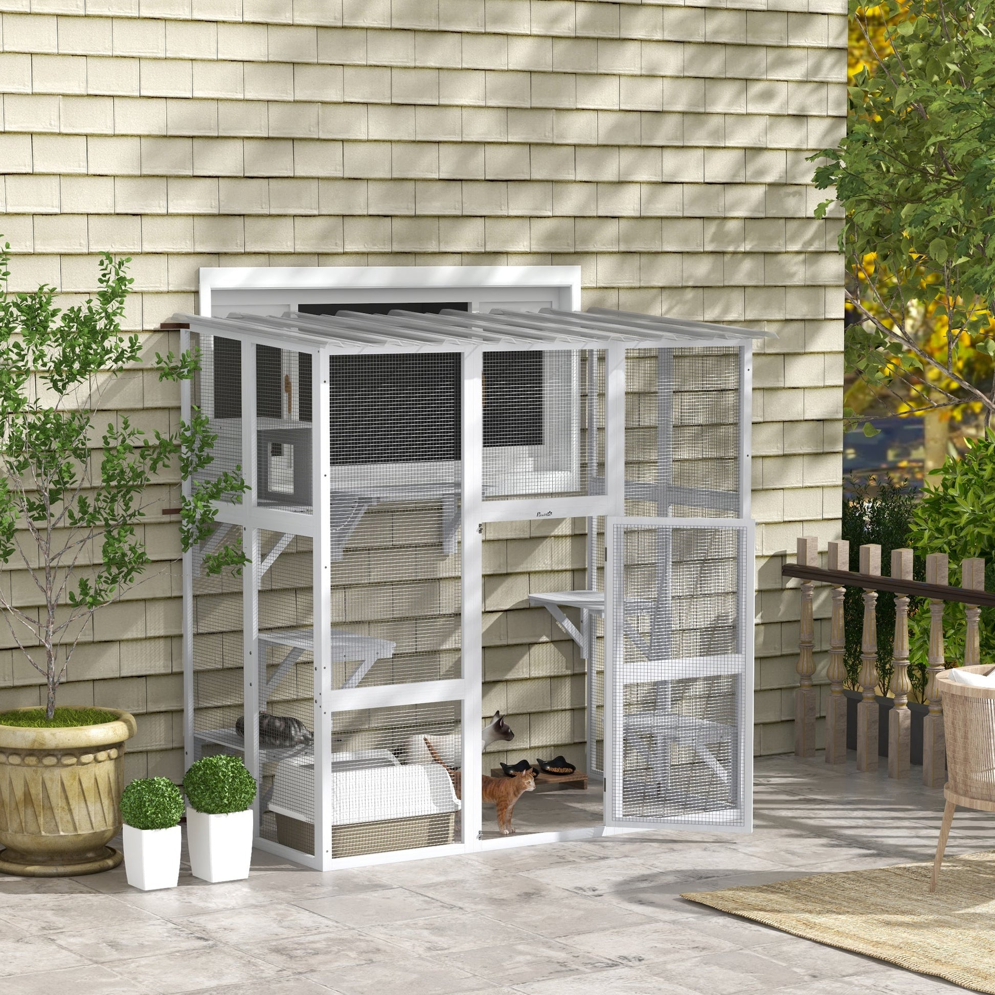 KFX-8087229 Outdoor Cat Enclosure with Bridge Platforms, White Wooden Cat House and Cat Box