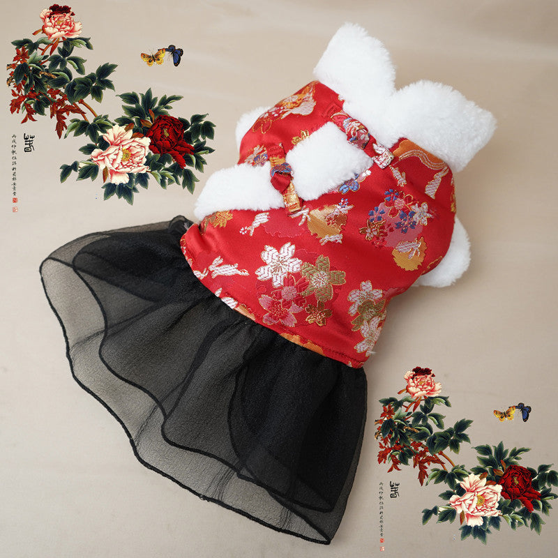 KFX-8087613 Festive Thick Cotton Warm Skirt for Dogs in Koi Red and Pink Options