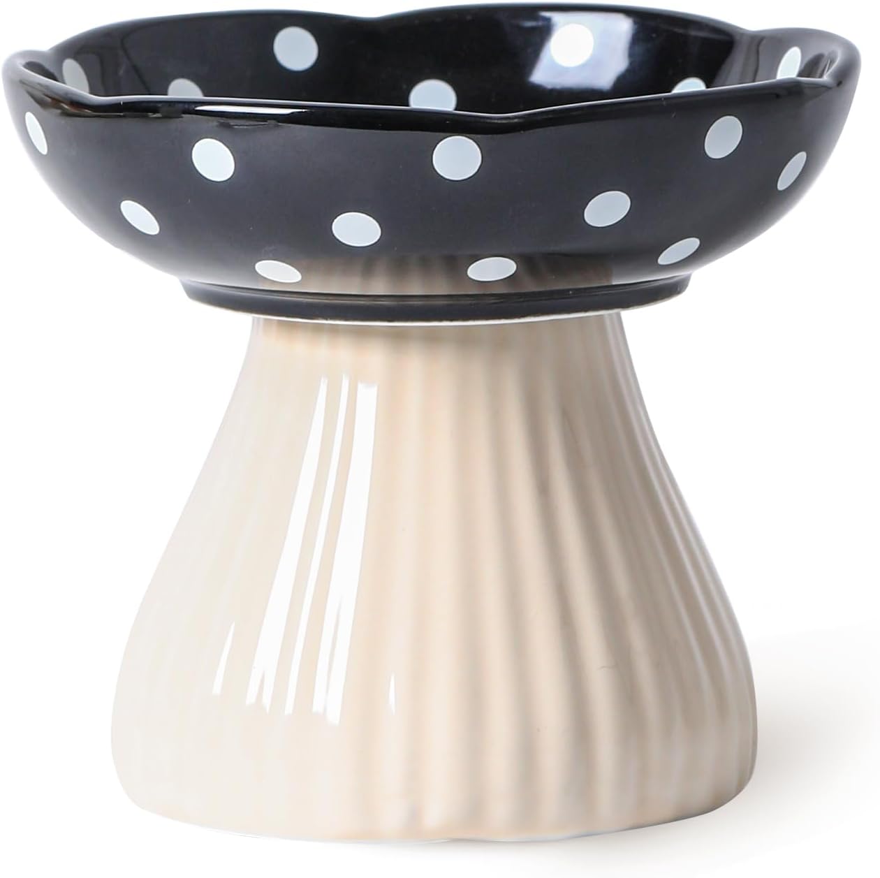 KFX-8090429 Mushroom-Shaped Cat Bowl in Cute Polka Dot Design with Safe Ceramic Material for Small Pets