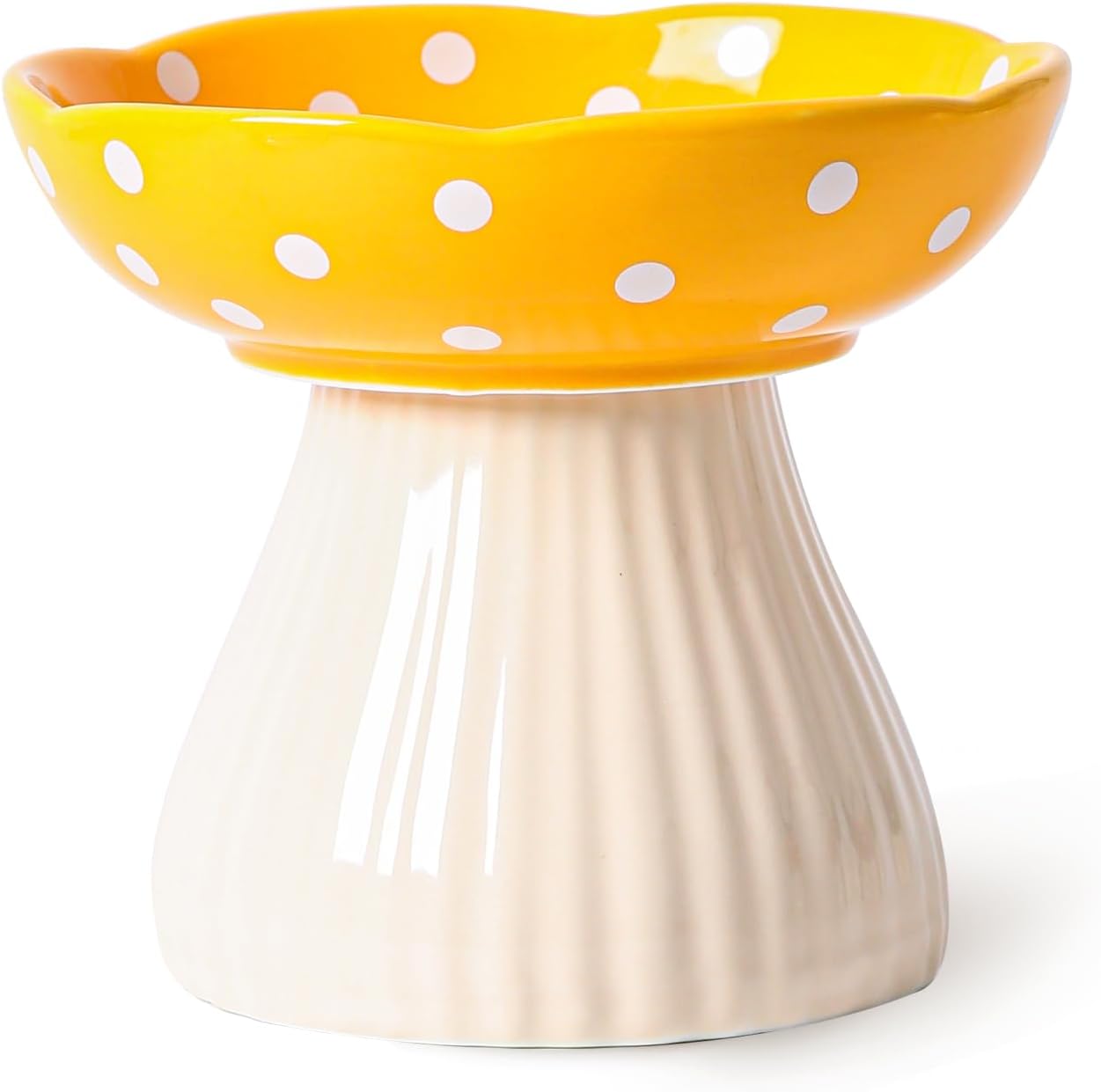 KFX-8090429 Mushroom-Shaped Cat Bowl in Cute Polka Dot Design with Safe Ceramic Material for Small Pets