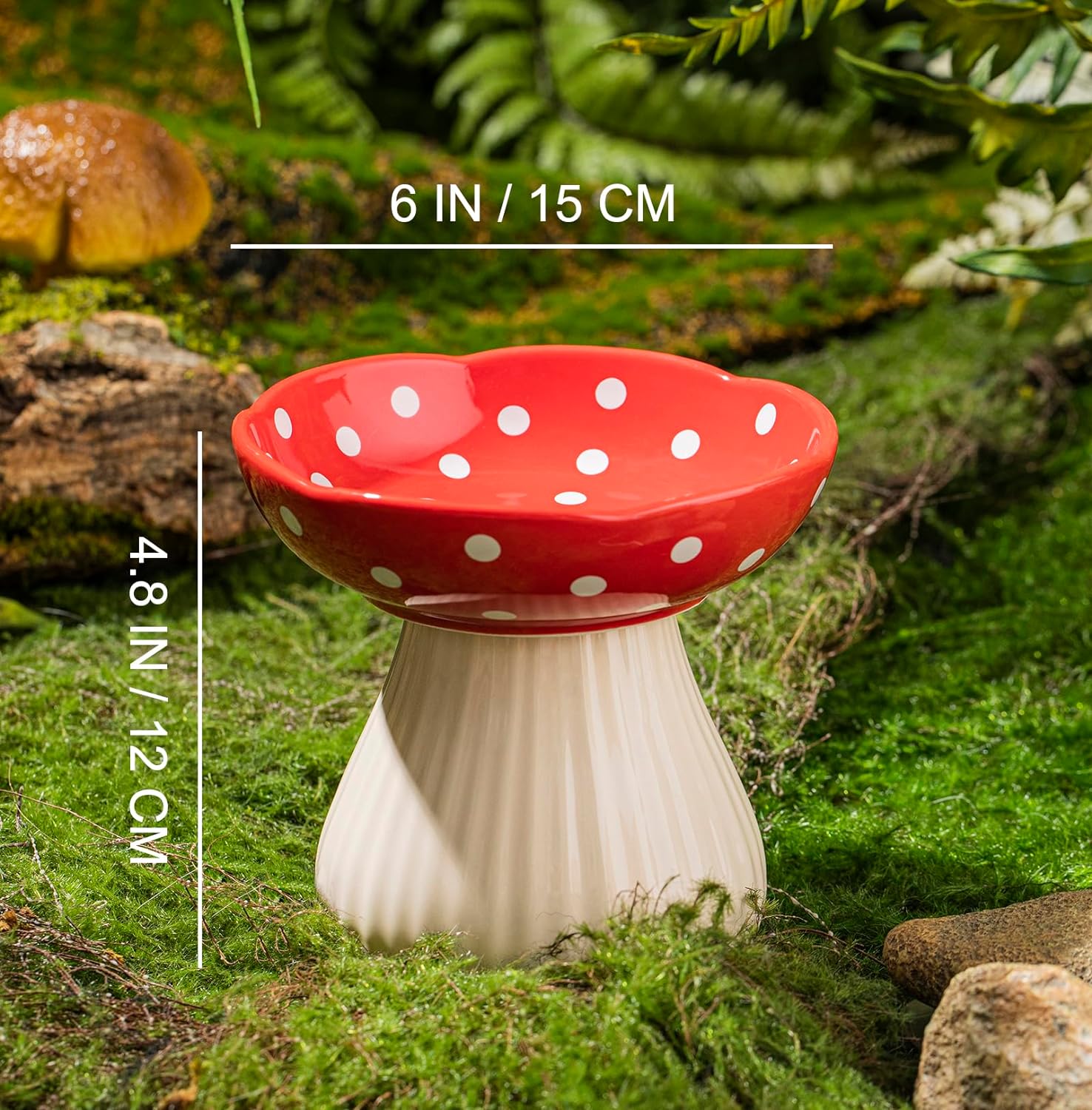 KFX-8090429 Mushroom-Shaped Cat Bowl in Cute Polka Dot Design with Safe Ceramic Material for Small Pets