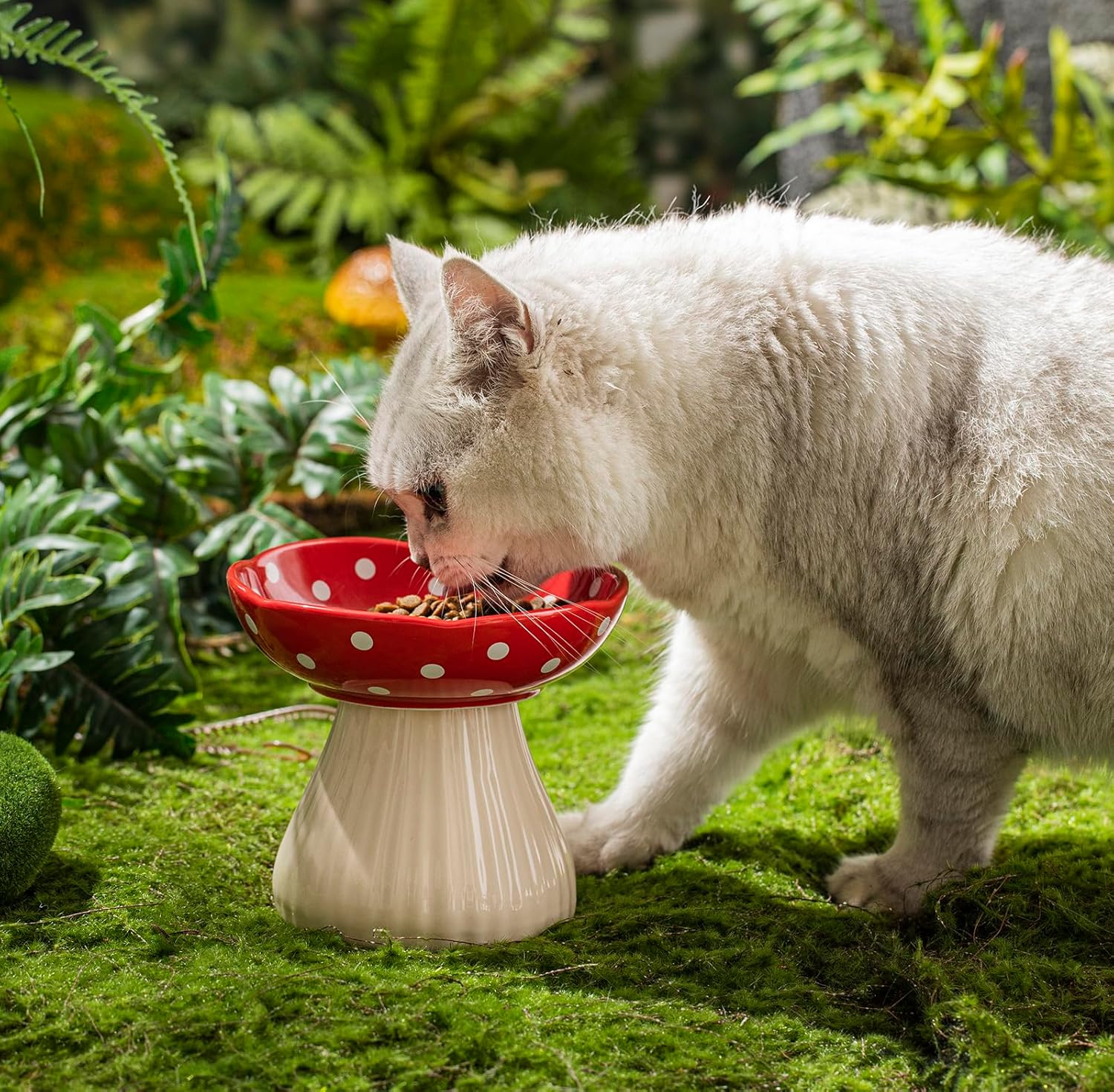 KFX-8090429 Mushroom-Shaped Cat Bowl in Cute Polka Dot Design with Safe Ceramic Material for Small Pets