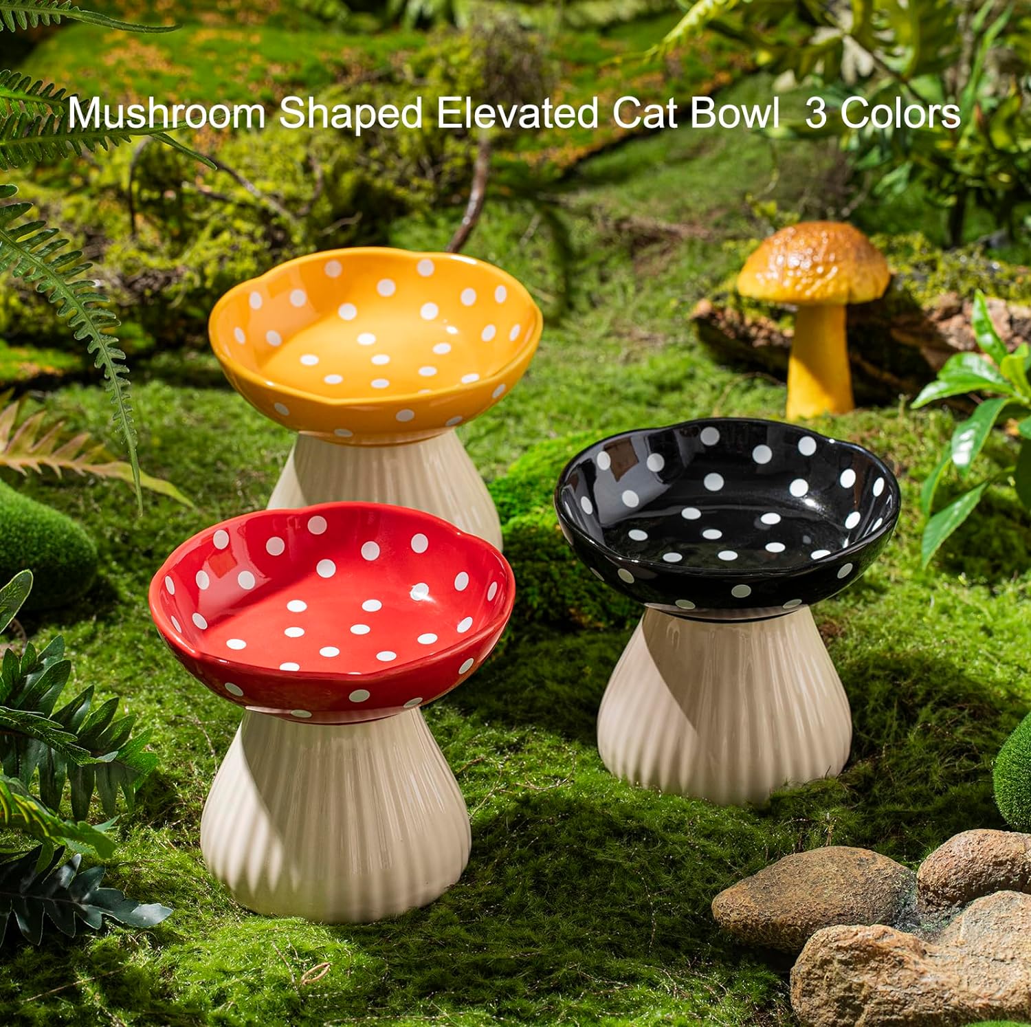 KFX-8090429 Mushroom-Shaped Cat Bowl in Cute Polka Dot Design with Safe Ceramic Material for Small Pets