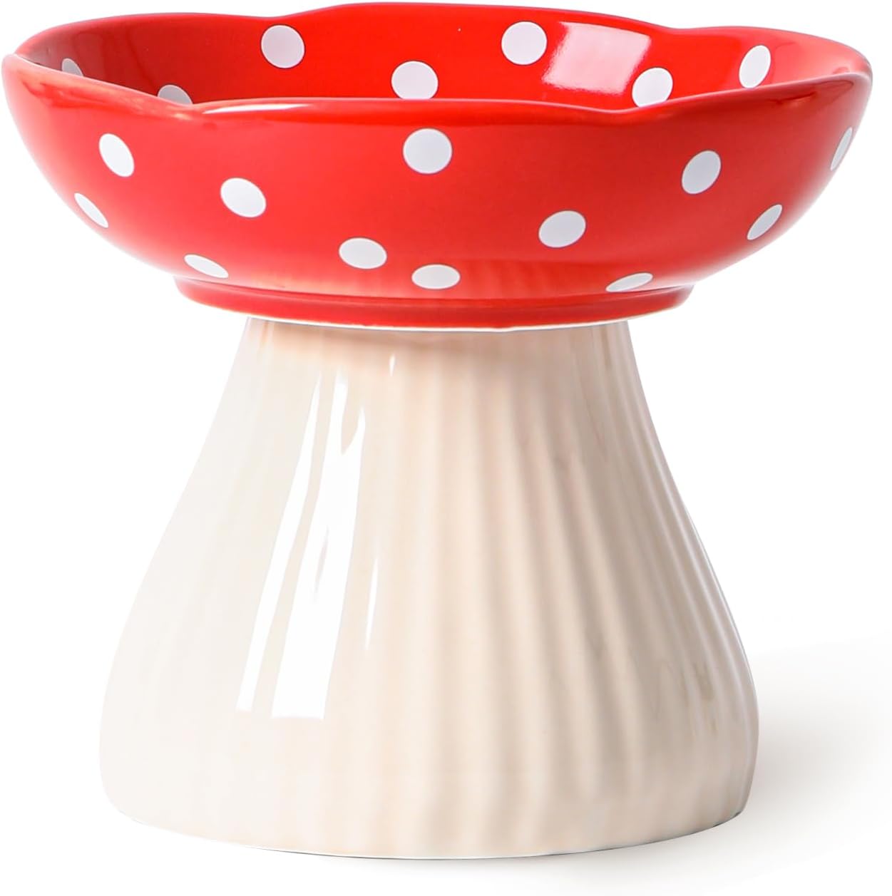 KFX-8090429 Mushroom-Shaped Cat Bowl in Cute Polka Dot Design with Safe Ceramic Material for Small Pets
