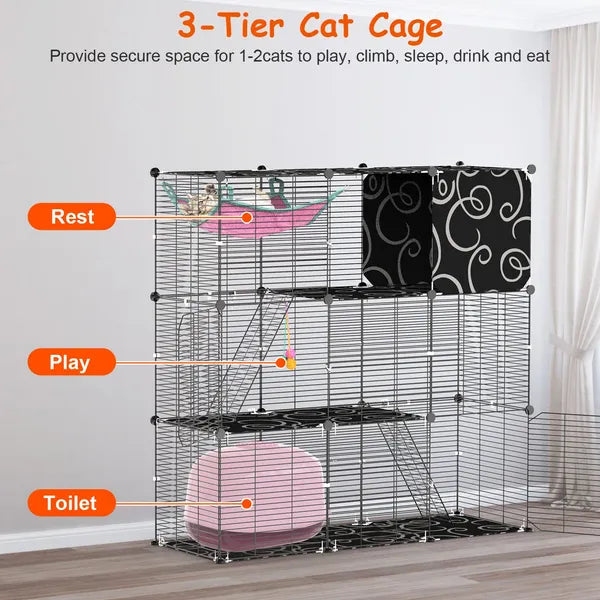 KFX-8092605 3-Tier Indoor Cat Cage Enclosure with Ladder, Hammock, Toy Ball for Cats, Rabbits, and Small Animals