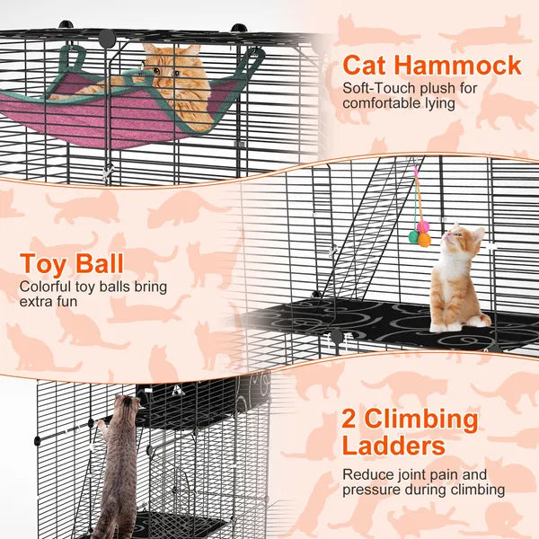 KFX-8092605 3-Tier Indoor Cat Cage Enclosure with Ladder, Hammock, Toy Ball for Cats, Rabbits, and Small Animals