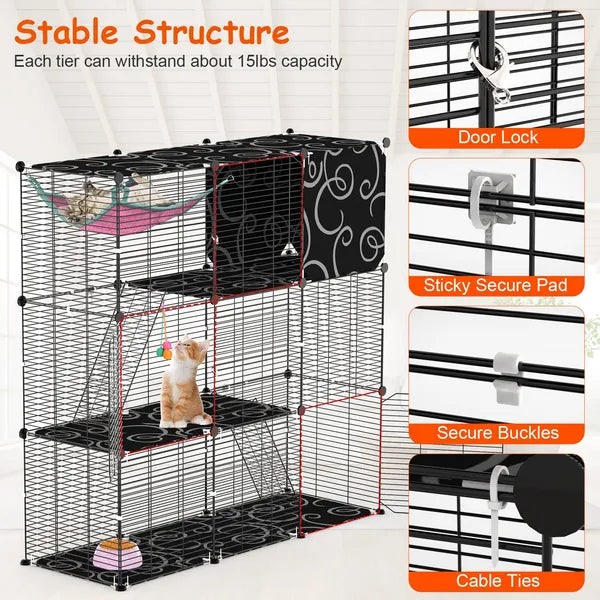 KFX-8092605 3-Tier Indoor Cat Cage Enclosure with Ladder, Hammock, Toy Ball for Cats, Rabbits, and Small Animals
