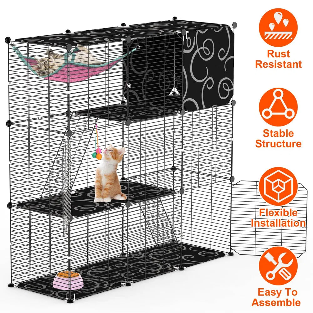 KFX-8092605 3-Tier Indoor Cat Cage Enclosure with Ladder, Hammock, Toy Ball for Cats, Rabbits, and Small Animals