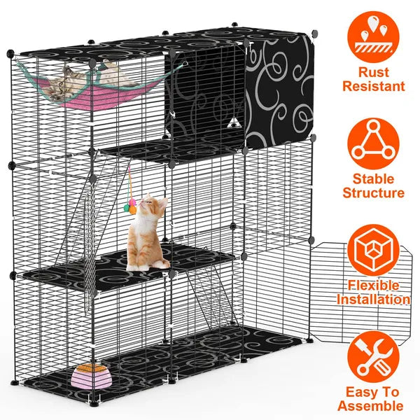 KFX-8092605 3-Tier Indoor Cat Cage Enclosure with Ladder, Hammock, Toy Ball for Cats, Rabbits, and Small Animals
