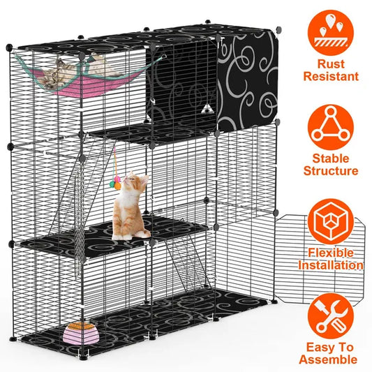 KFX-8092605 3-Tier Indoor Cat Cage Enclosure with Ladder, Hammock, Toy Ball for Cats, Rabbits, and Small Animals