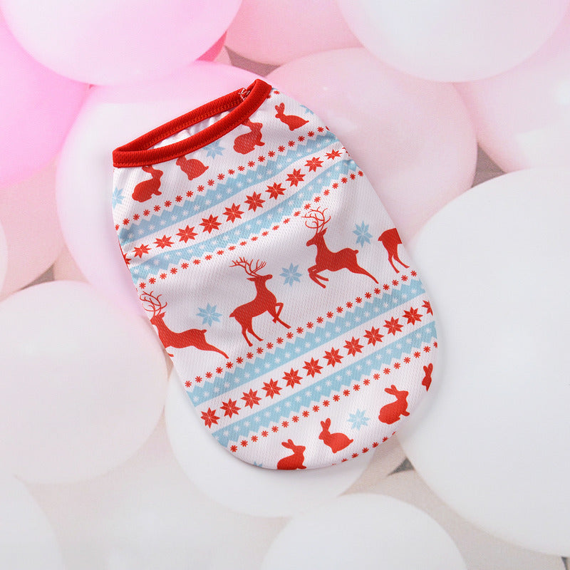 KFX-8093117 Festive Cartoon Pet Vest for Dogs and Cats - Elk and Snowman Print in Red, White, and Green
