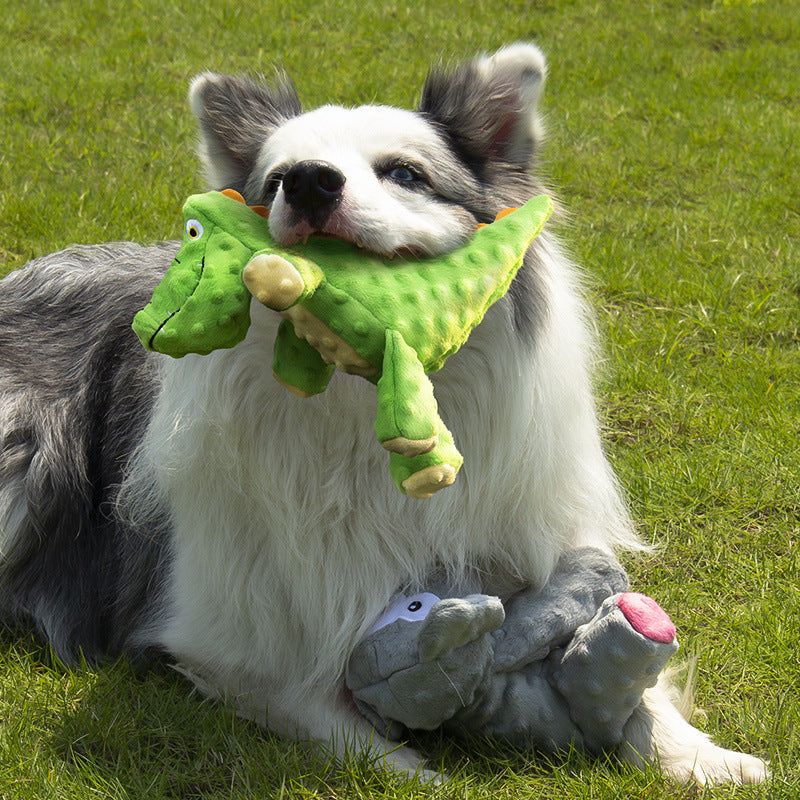KFX-8097341 Pet Toy - Bite-resistant Plush Stuffed Animal in Green Crocodile, Gray Elephant, and Blue Shark