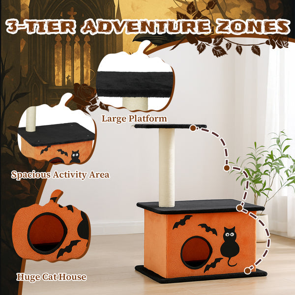 KFX-8097981 Halloween Cat Tree with Spacious Condo, Large Platforms, and Sisal Scratching Post in Orange and Black