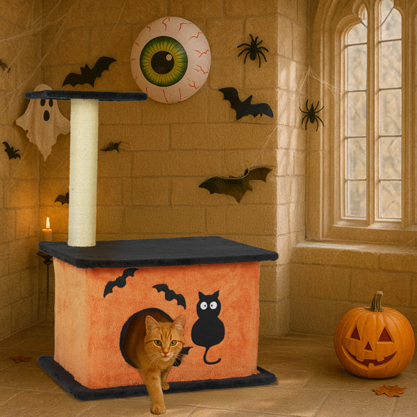 KFX-8097981 Halloween Cat Tree with Spacious Condo, Large Platforms, and Sisal Scratching Post in Orange and Black
