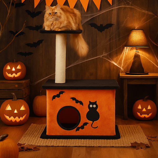 KFX-8097981 Halloween Cat Tree with Spacious Condo, Large Platforms, and Sisal Scratching Post in Orange and Black